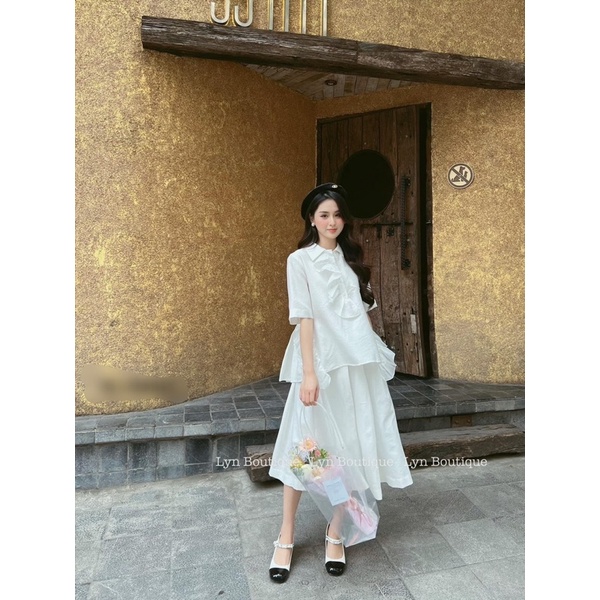 (CÓ SẴN) Set sơ mi trắng bèo kèm chân váy xoè dài