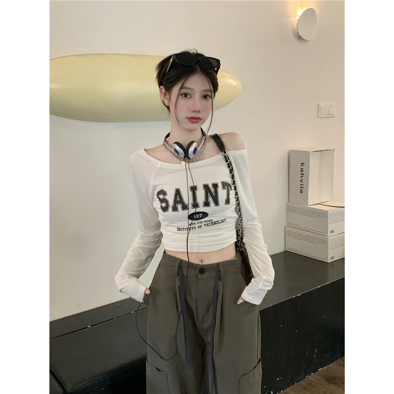 Nevaeh Áo Thun Mỏng Tay Dài Hở Vai Màu Xám Phong Cách retro Mỹ Dễ Phối Đồ Dành Cho Nữ áo croptop