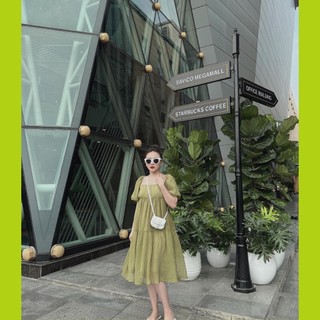 Váy babydoll màu xanh bơ, cổ vuông tay phồng hàng siêu xinh - Có sẵn