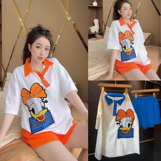 Set Bộ Đồ Nữ Áo Thun Thêu Vịt Cổ Bẻ + Quần Đùi [ kèm video]