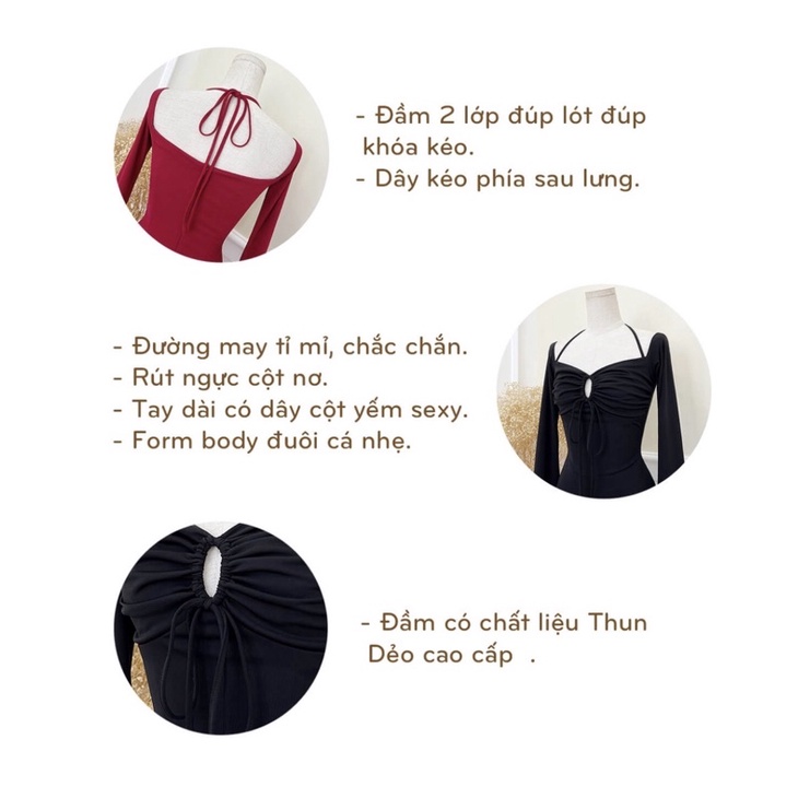 Đầm midi body thun cột nơ tay dài loe chất thun dẻo sịn sò TK1498