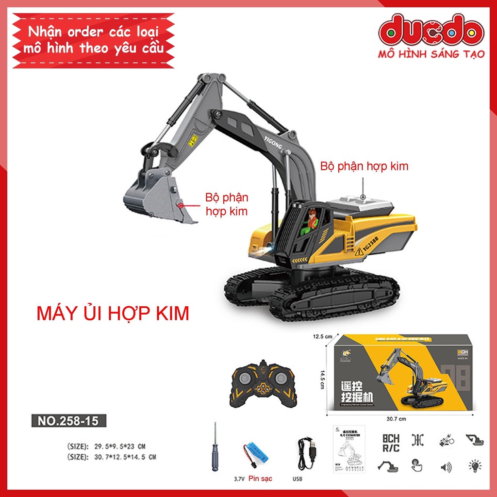 Xe điều khiển từ xa ô tô công trình máy xúc ben múc cẩu ủi gầu và thùng sắt pin sạc cho bé - Đồ chơi mô hình
