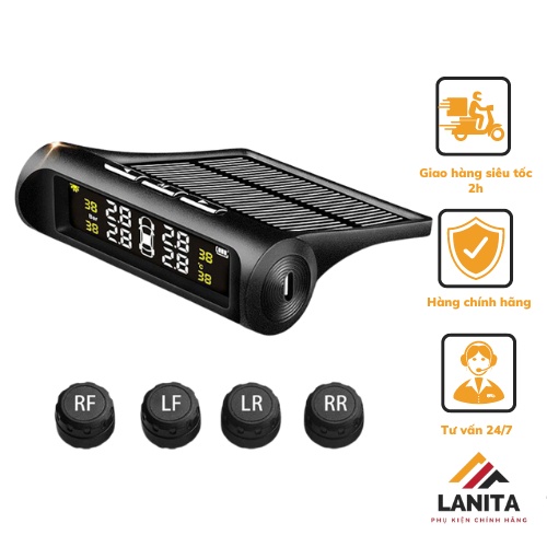 Cảm biến áp suất lốp LANITA màn hình led hiển thị thông số áp suất và nhiệt độ lốp pin năng lượng mặt trời
