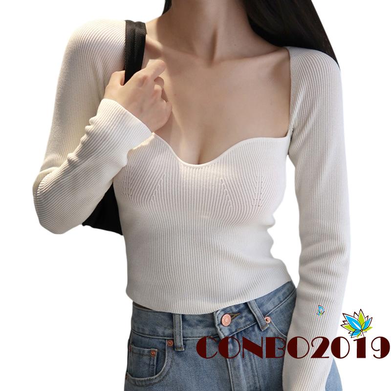 Áo Croptop Dệt Kim Tay Dài Màu Sắc Đơn Giản Cho Nữ