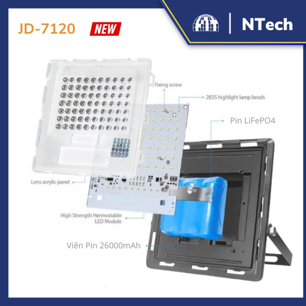 Đèn Pha Chống Lóa Cao Cấp, Đèn Năng Lượng Mặt Trời JD-7120 Công Suất 120W - Mẫu 2023, Khung Nhôm - BH 02 Năm