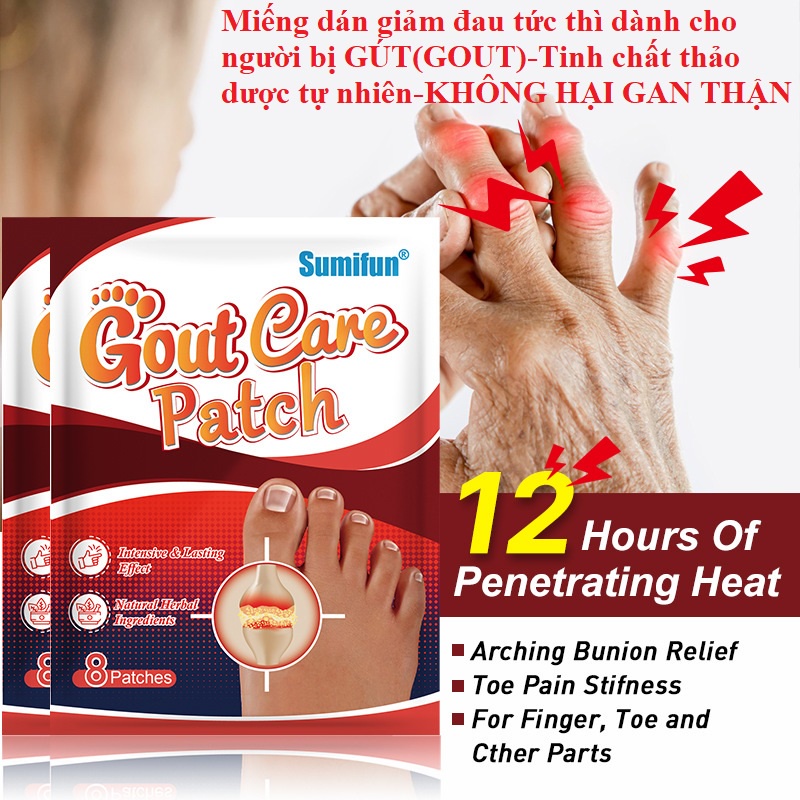 Combo 8 miếng dán giảm đau bệnh GOUT, Thống phong, khớp, thành phần thảo dược tự nhiên, an toàn không hại gan thận