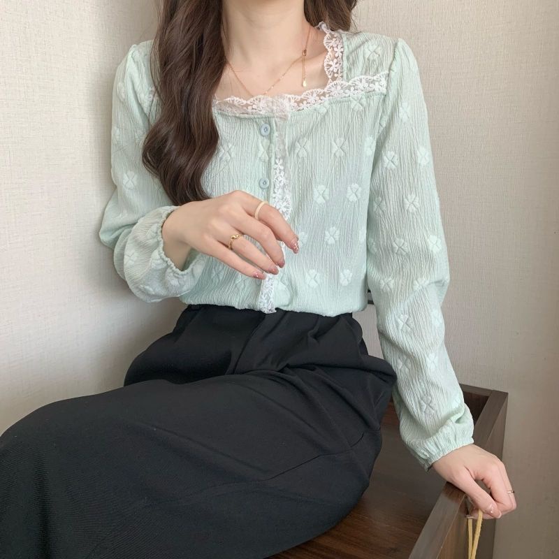 Áo Thun Tay Dài Cổ Vuông Phối Ren Thoải Mái Thời Trang Mùa Thu Mới 2023