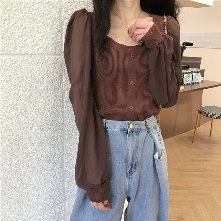 Áo len nữ cổ vuông tay voan bồng MS351