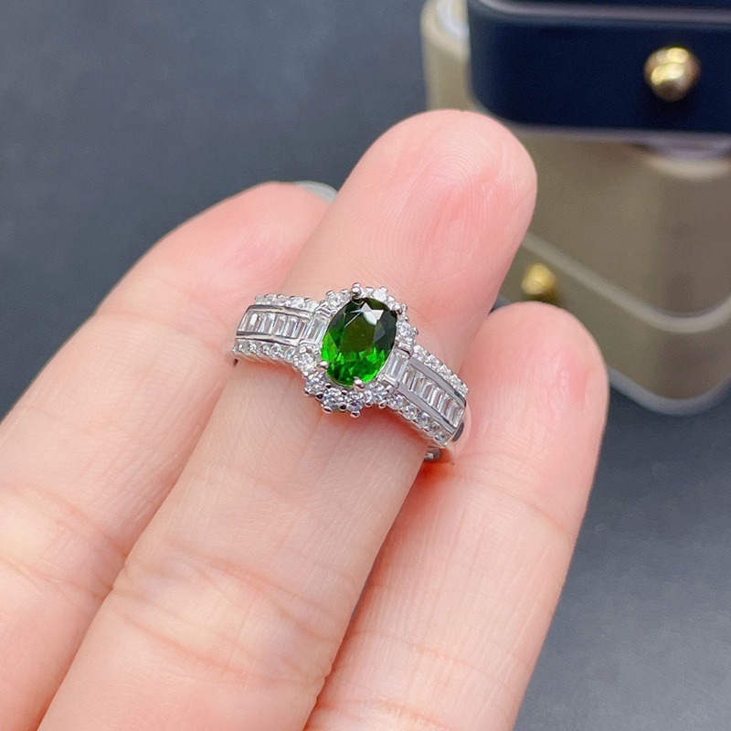 Nhẫn Bạc Đính Đá Zircon Hình Oval Màu Xanh Lá Cây Điều Chỉnh Được Thời Trang Cho Nữ