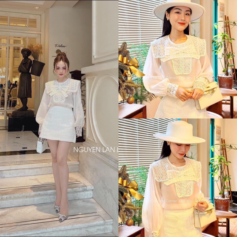 Đầm phối sơ mi tơ chạy ren cổ đức mix chân váy trắng