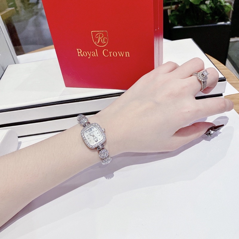 Đồng Hồ Nữ Royal 1514 Crown Chính Hãng Dây Kim Loại mặt vuông Đính Đá Chống Nước Chống Xước