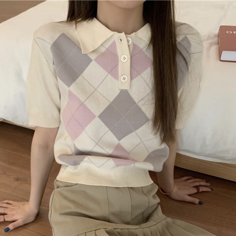 IELGY Áo Dệt Kim Ngắn Tay Họa Tiết Hình Thoi Thời Trang Cho Nữ