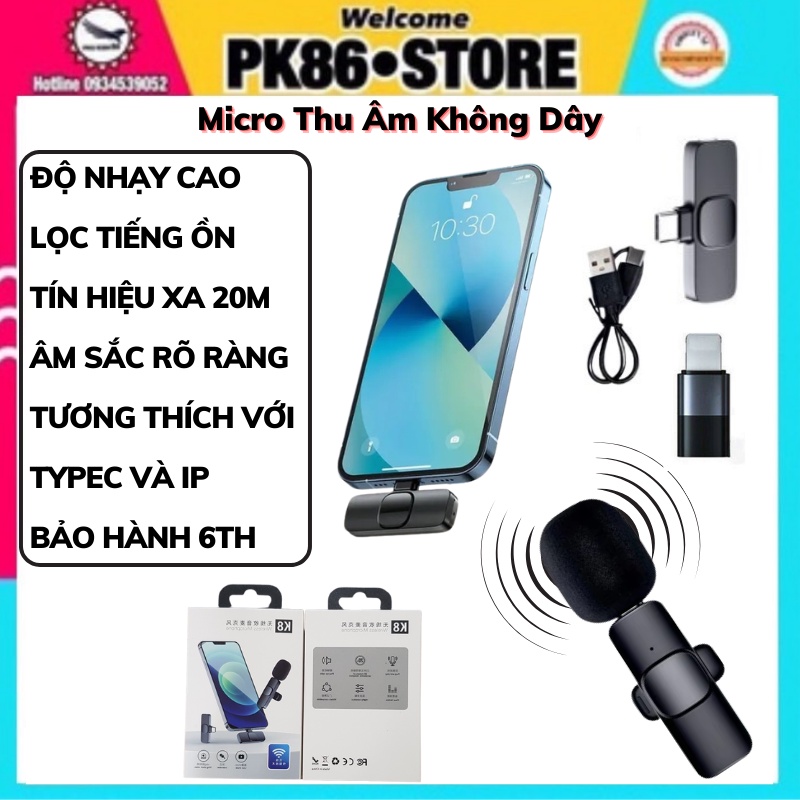 Mic thu âm micro không dây cài áo lọc tiếng ồn K8 cho điện thoại để livestream  quay vlog