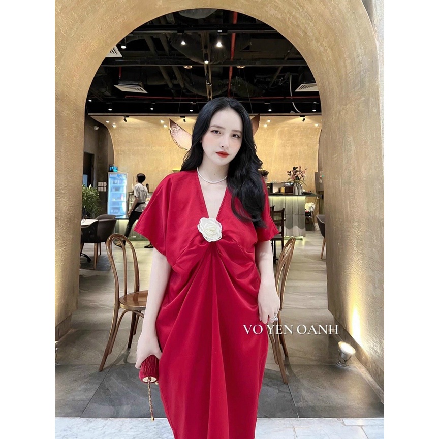 [3.3 Sales Freeship] Đầm suông cổ v tay dơi dáng dài đính hoa, đầm trơn basic nhún eo đính bông đi biển nhẹ nhàng mtb