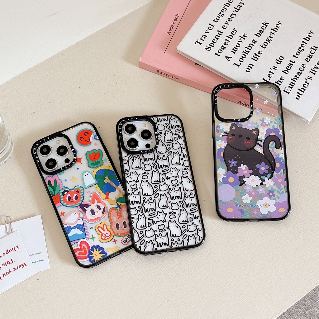 Casetify Ốp Điện Thoại Nhựa Acrylic Cứng In Hình Mèo Và Hoa Hoạt Hình Cho iPhone 15 14 13 12 11 Pro Max Plus