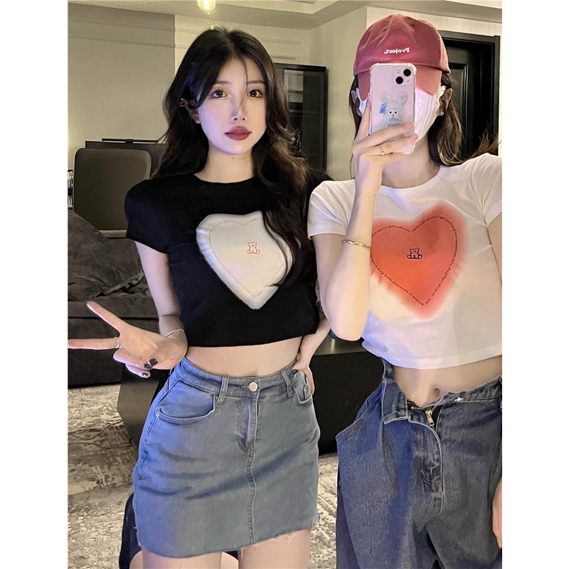 Áo Thun Tay Ngắn Cổ Tròn Dáng Rộng In Hình Trái Tim Dễ Thương Cho Cặp Đôi