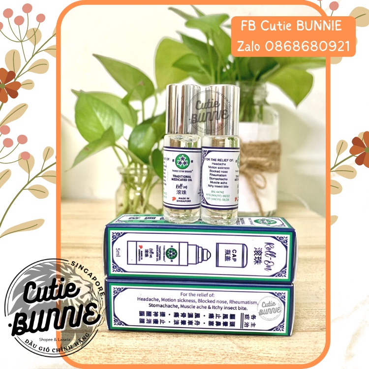 Dầu gió bi lăn hiệu Three Star 5ml Date 2026 / Hàng nội địa Singapore