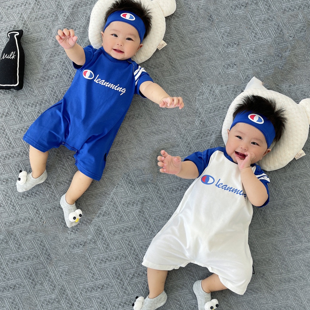 Bộ Áo Liền Quần Tay Ngắn + Băng Đô Cài Tóc Thời Trang Mùa Hè Cho Bé Trai 0-24 Tháng Tuổi