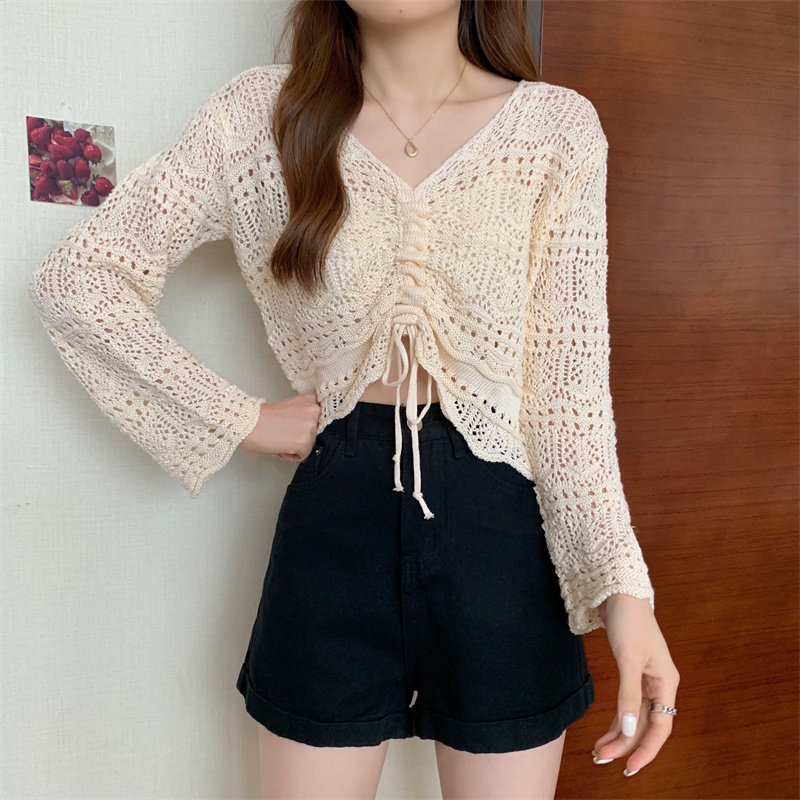 Áo Dệt Kim Tay Dài Cổ Chữ V Phối Dây Rút Thời Trang Dành Cho Nữ