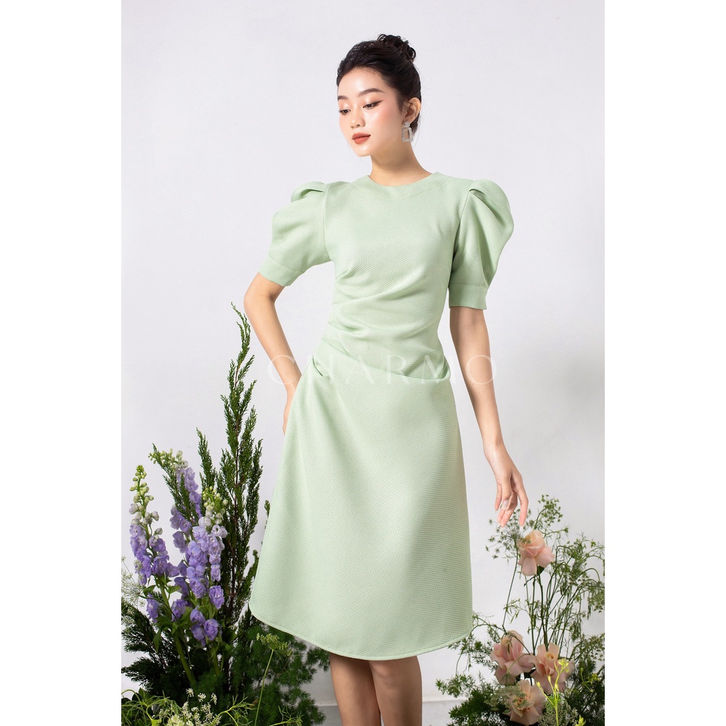 Đầm cổ tròn CHARMO nhúng eo tay phồng vải bố Basic Drawstring Dress