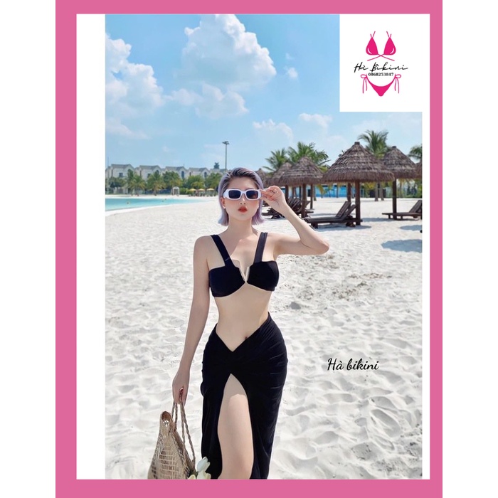 SET 3 MÓN ĐỒ BƠI BIKINI ĐI BIỂN ÁO CỔ V QUẦN CHIP KÈM QUÂY RÚT MẪU MỚI HÀ BIKINI 116