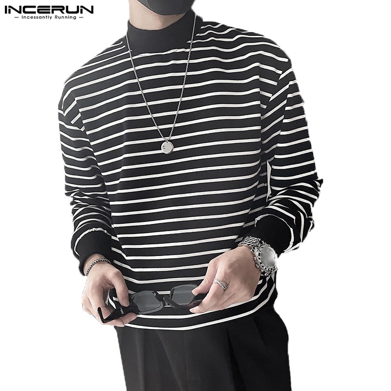 INCERUN Áo Thun Nam Dài Tay Cổ Cao Sọc Ngang Thời Trang