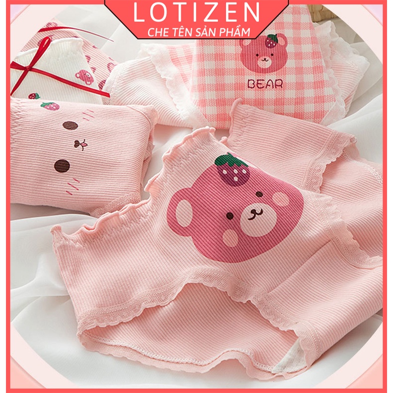 Quần lót nữ cute gân tăm viền ren mặt gấu đáng yêu 369
