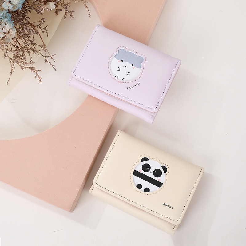 Ví Da PU Gập Ba Màu Trơn Có Khóa Kéo In Hình Gấu Trúc Hoạt Hình Phong Cách Hàn Quốc Giá Đỡ