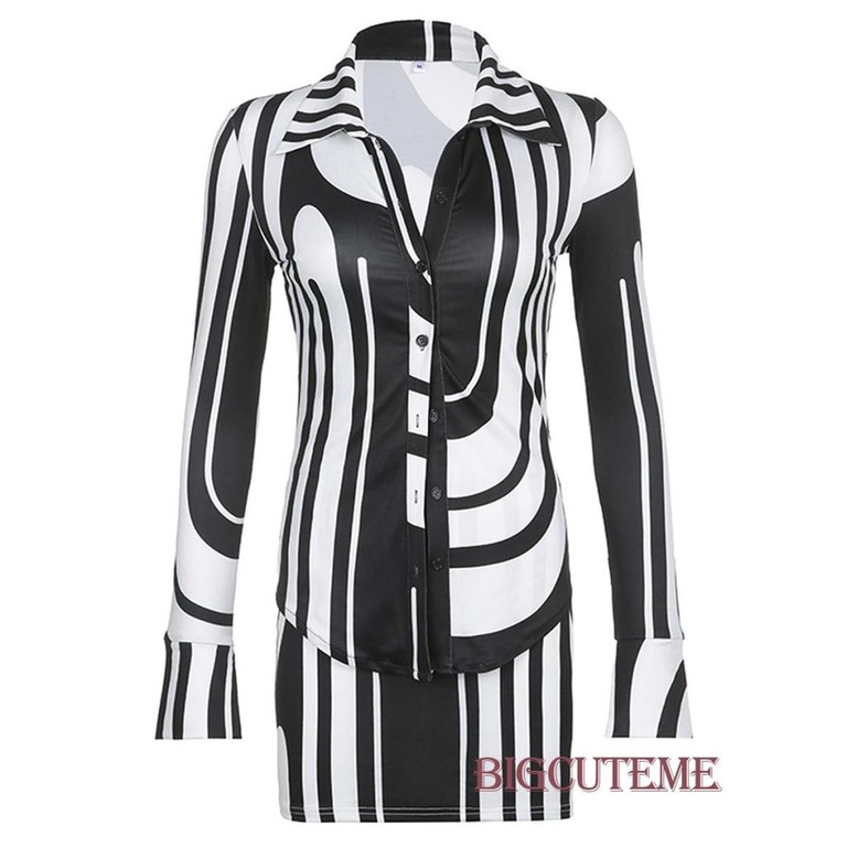 Bộ Trang Phục 2 Mảnh Gồm Áo Sơ Mi Tay Dài Cài Nút In Họa Tiết Trừu Tượng Và Chân Váy Mini Cho Nữ