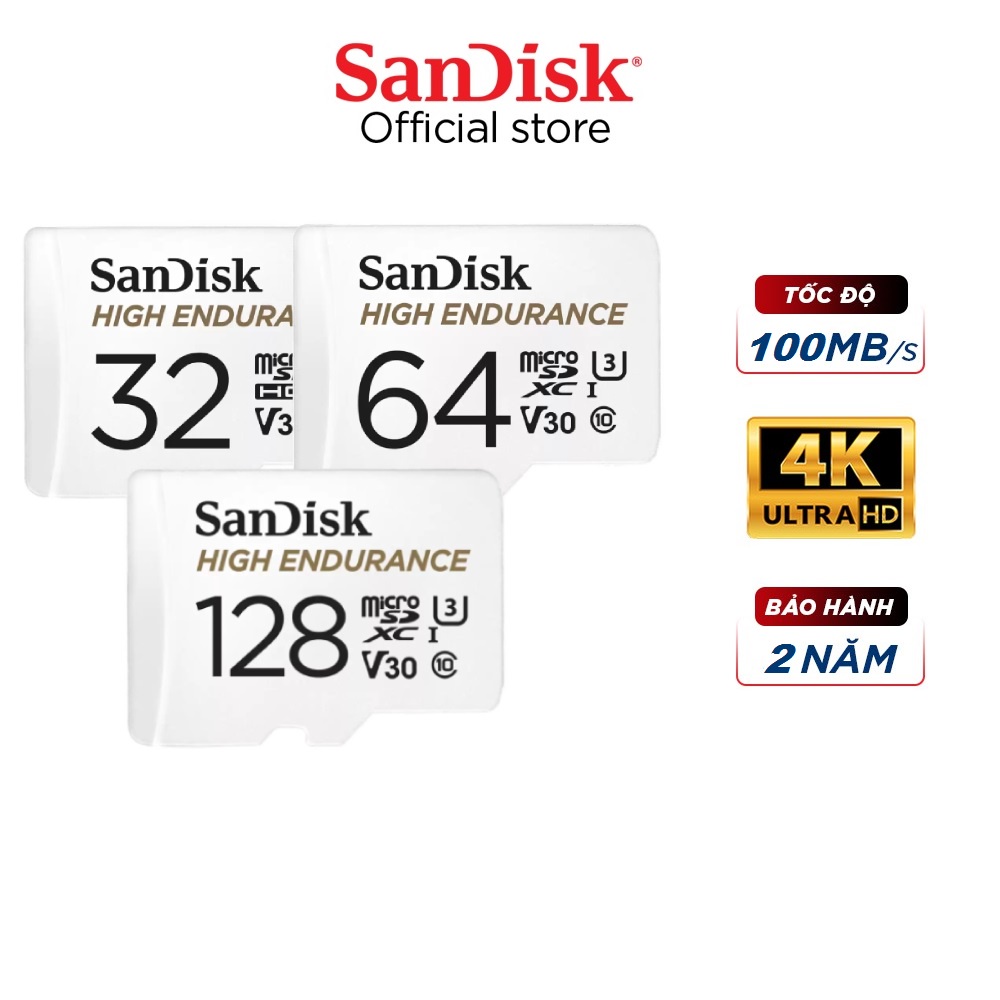 Thẻ nhớ SanDisk High Endurance microSDHC UHS-I C10 U3 V30, 100MB/s (kèm adapter) - siêu bền cho camera