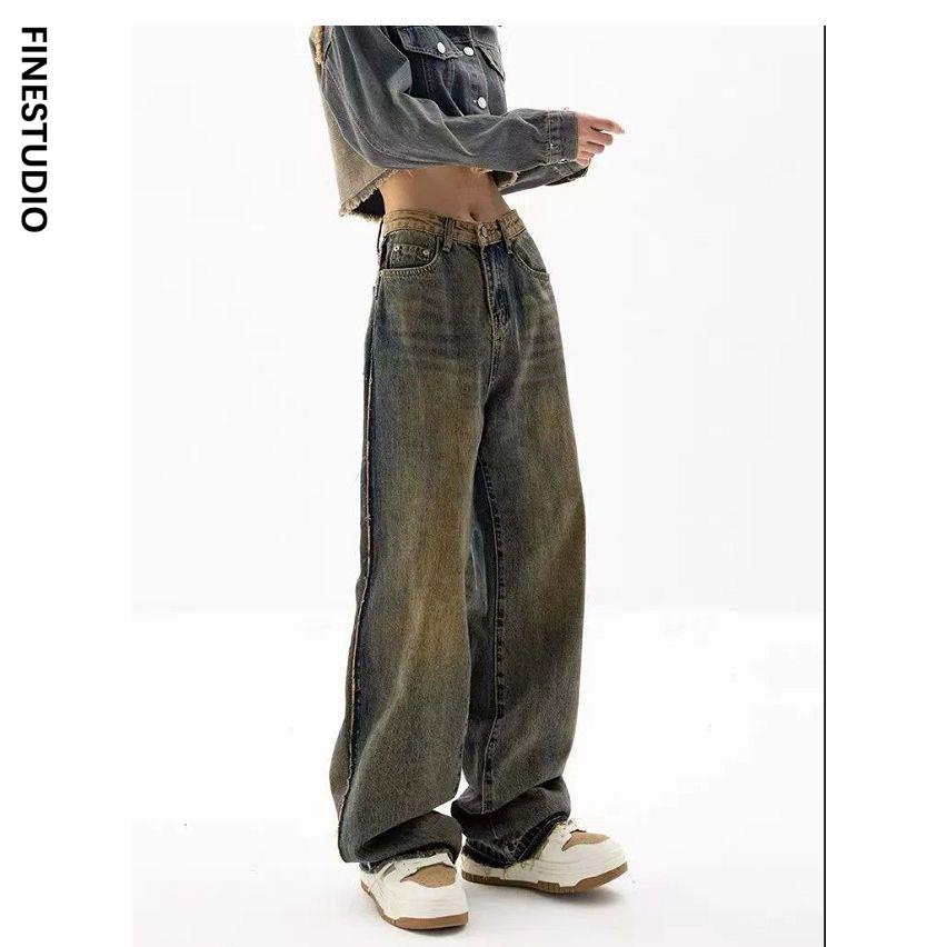 Quần Jean Ống Rộng Màu Xanh Dương Đậm Phong Cách Retro Mùa Thu Mới Cho Nữ