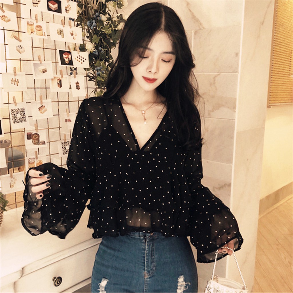 [ORDER] Sơ mi voan mỏng chấm bi đen(kèm ảnh thật)