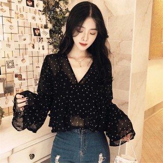 [ORDER] Sơ mi voan mỏng chấm bi đen(kèm ảnh thật)