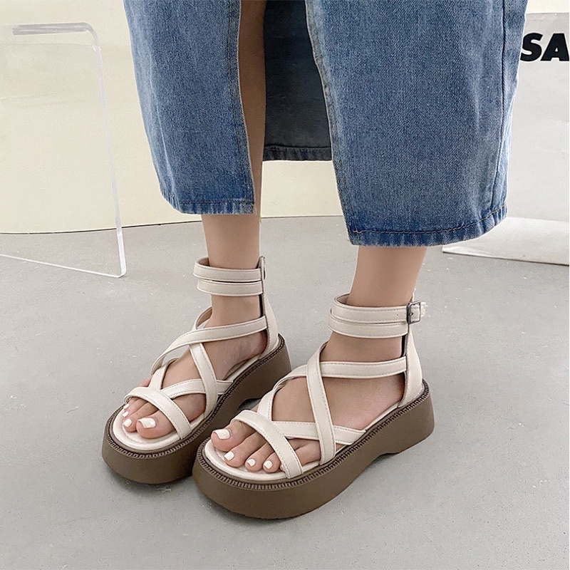 Giày Sandal Da Quai Chéo Cổ Cao Có Khoá Sau Đế Bánh Mì Phong Cách Mùa Hè 2023