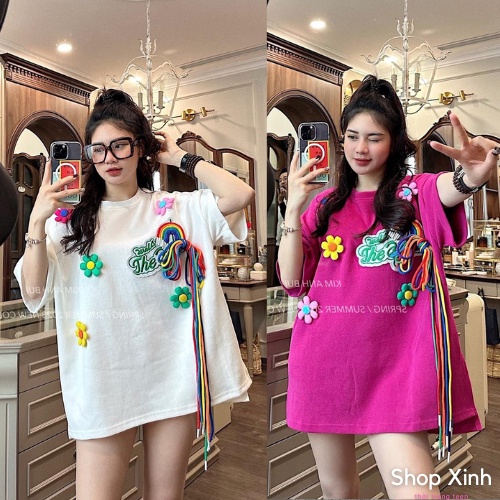 Áo phông thụng giấu quần đính hoa nổi dây sắc màu cầu vồng, Áo thun nữ giấu quần đính dây nổi cầu vồng màu trắng/hồng