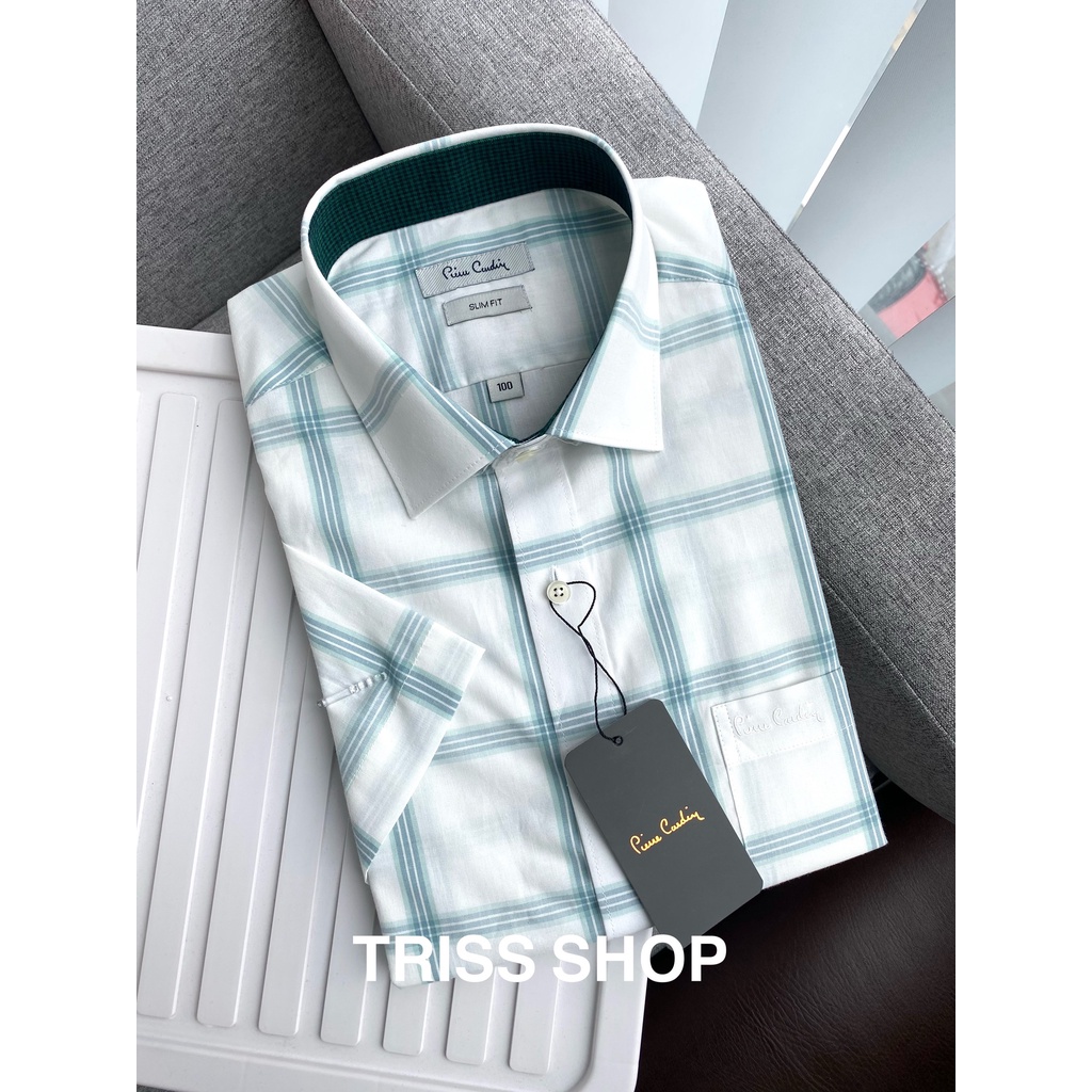 Áo sơ mi nam tay ngắn họa tiết caro cao cấp Pierre Cardin 13 xuất Hàn chất cotton không nhăn form slim
