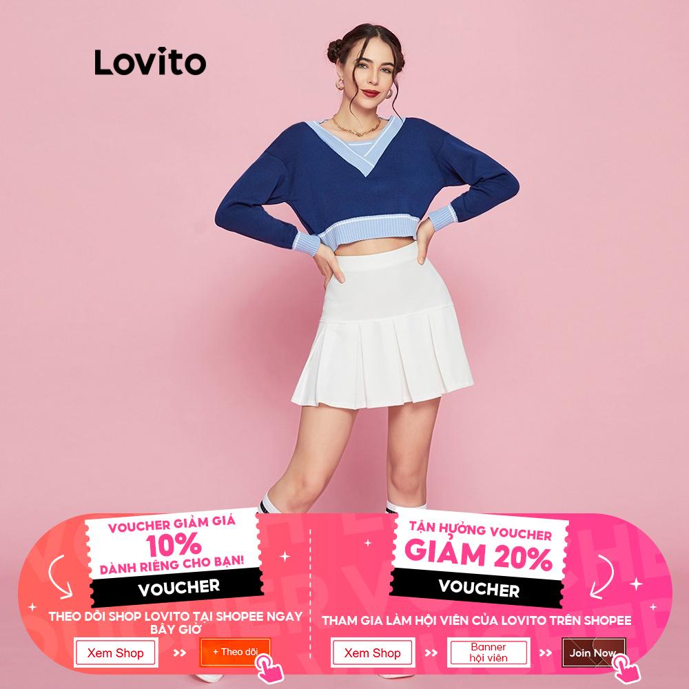 Áo sweater Lovito cổ chữ V phối màu khối dáng ôm phong cách preppy L08217 (màu xanh dương)