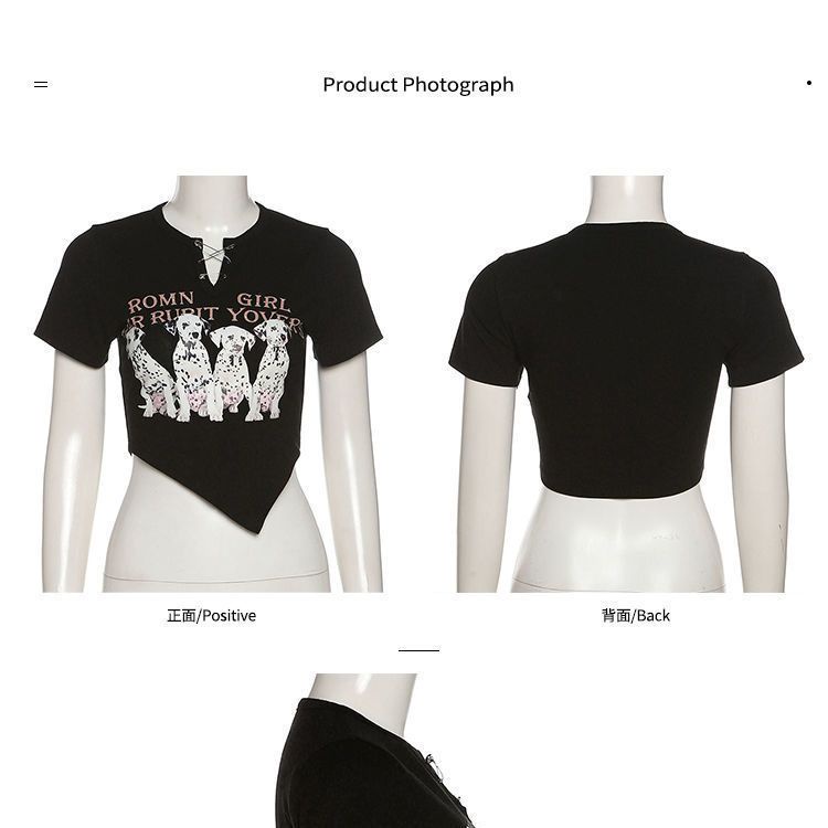 Áo Thun Ngắn Tay Cổ Chữ V In Hình Cún Con Phong Cách Mỹ Cho Nữ