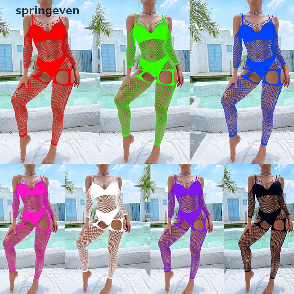 Bộ Áo Liền Quần Lưới Cá Tay Dài Hở Đáy Trong Suốt Quyến Rũ Cho Nữ