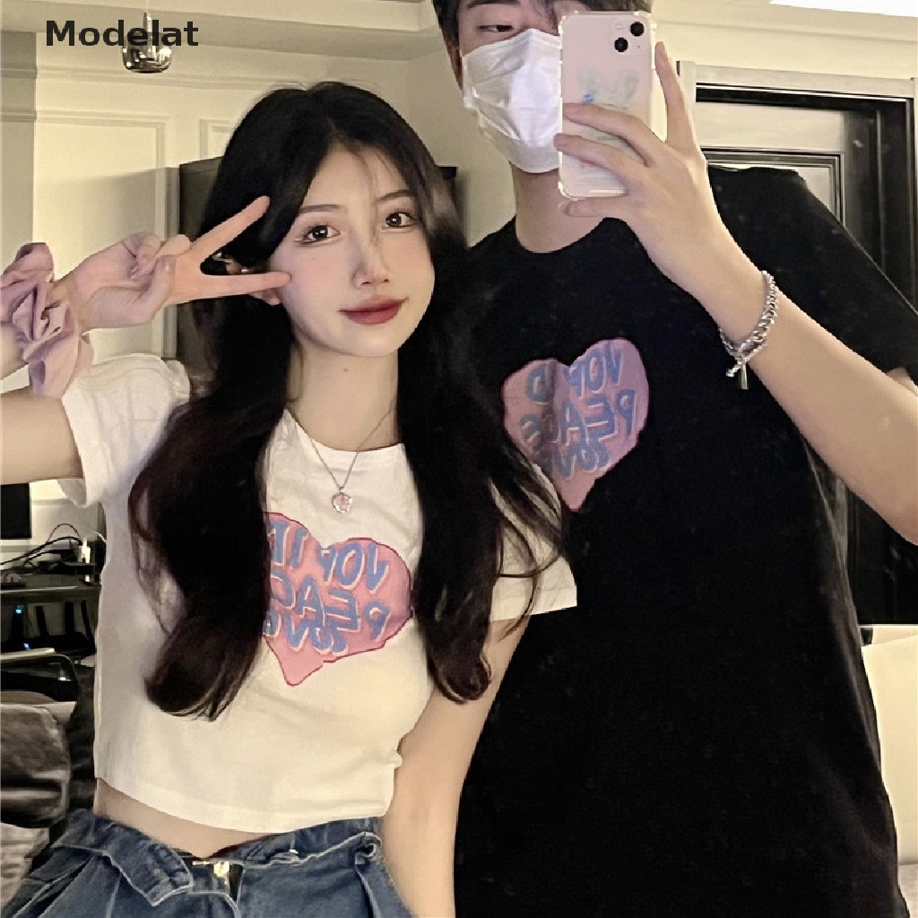 Áo Thun Croptop Tay Ngắn In Họa Tiết Trái Tim Màu Trắng Đen Phong Cách Harajuku Hàn Quốc Cho Nữ