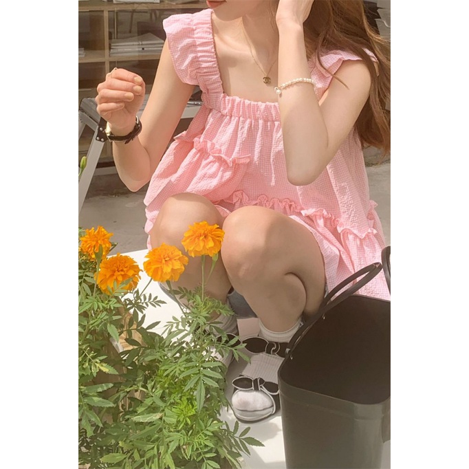 Áo Hai Dây Dáng Rộng Họa Tiết Sọc Caro Phong Cách Pháp Thời Trang Mùa Hè Cá Tính