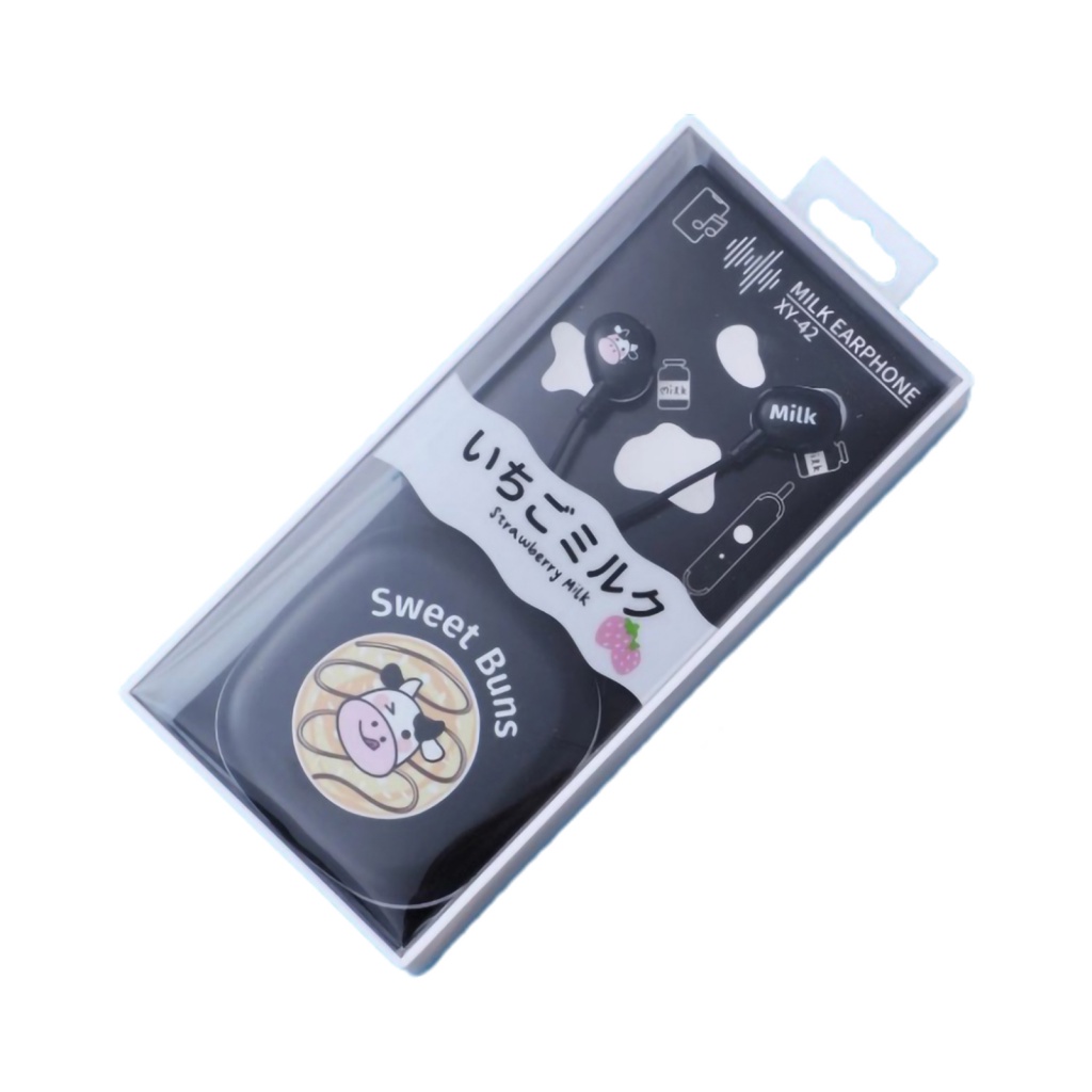 Tai nghe nhét tai LENOVO có dây giắc cắm 3.5mm giảm tiếng ồn có hộp đựng họa tiết bò sữa hoạt hình đáng yêu