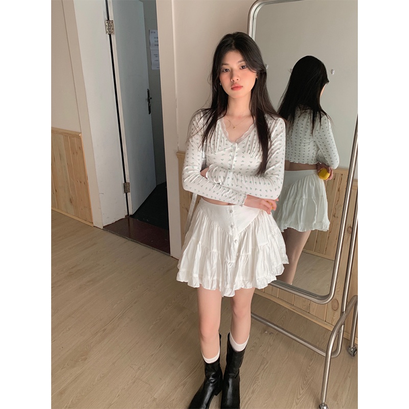 SUXI Áo Thun Dài Tay Cổ Chữ V Phối Họa Tiết Hoa Cao Cấp Thời Trang