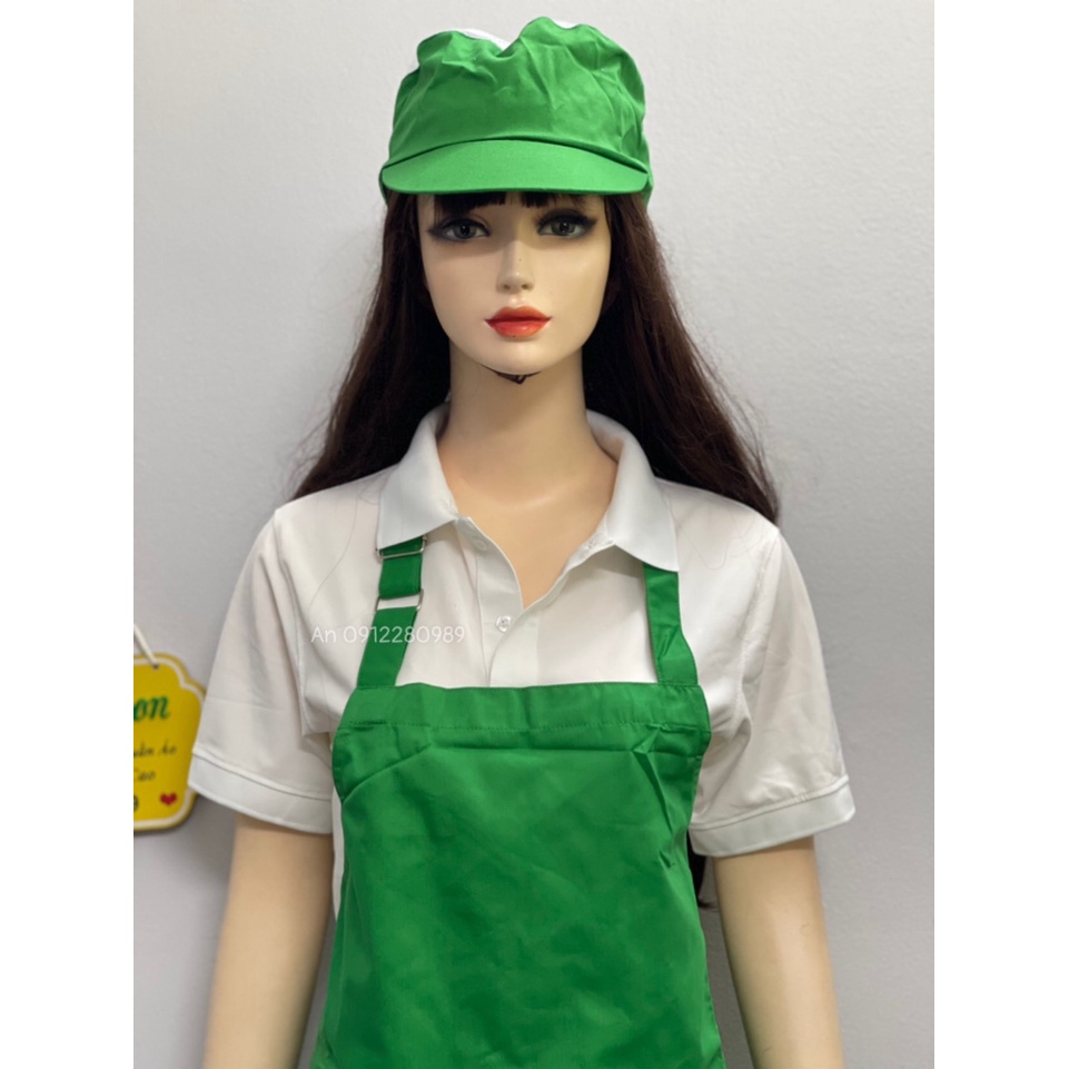 Tạp dề + Nón vải kaki dày dặn dùng pha chế, nấu ăn, phục vụ cà phê nhà hàng màu xanh lá _ Hình chụp thật