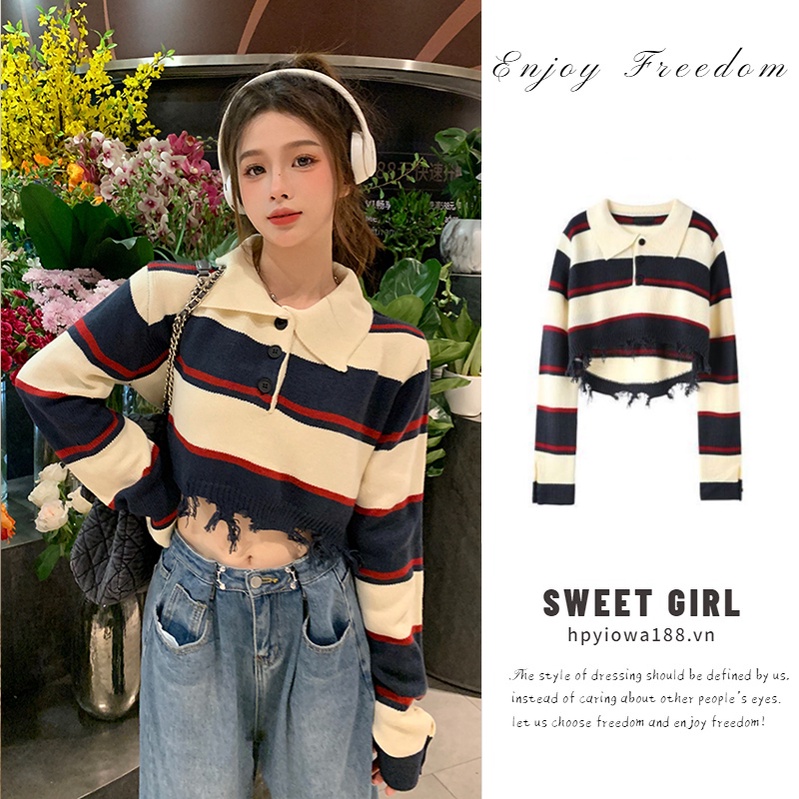 Enjoy Freedom Áo Khoác sweater Cổ POLO Dáng Rộng Thời Trang Thu Đông 2022 Mới Cho Nữ Dễ Phối Đồ áo croptop