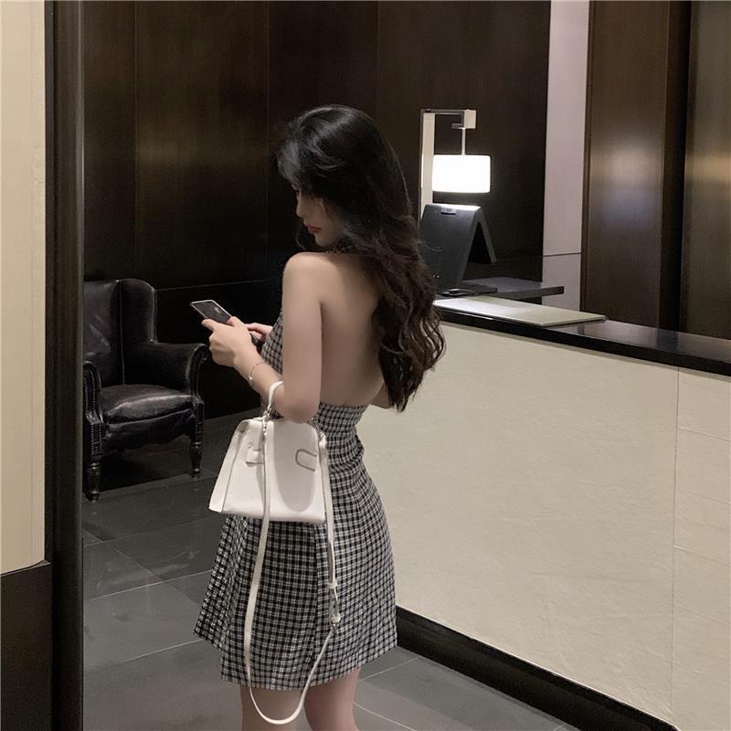 Đầm Hai Dây Dáng Chữ a Hở Lưng Họa Tiết Sọc Caro Phong Cách Hepburn Thời Trang Mùa Hè Quyến Rũ Cho Nữ