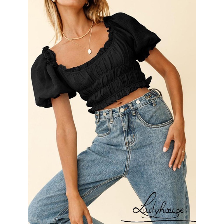 Áo Croptop Trễ Vai Tay Ngắn Màu Sắc Ngọt Ngào Thời Trang Cho Nữ