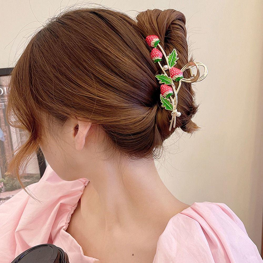 TWINKLE Kẹp Tóc Móng Vuốt Lớn Họa Tiết Dâu Tây Đơn Giản Thanh Lịch Kiểu Hàn Quốc