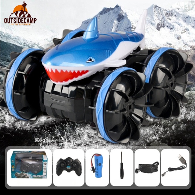 Xe Hơi Điều Khiển Từ Xa 2.4g Hình Cá Mập Xoay 360 Độ Có Thể Sạc Lại