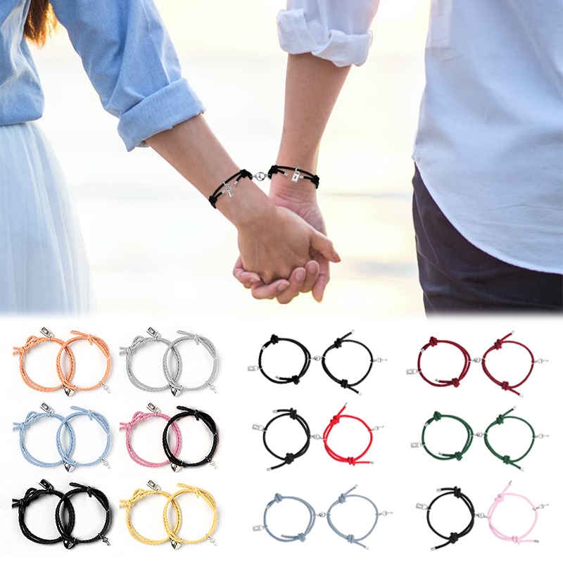 Set 2 Vòng Tay Bện Dây Cao Su Mặt Ổ Khóa / Chìa Khóa Đơn Giản Có Thể Điều Chỉnh Cho Cặp Đôi